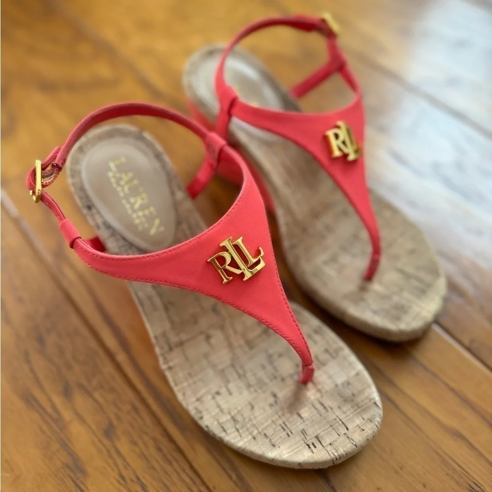 Lauren Ralph Lauren Jeannie Coral Logo Wedge Sandals Thong Flip Flop 6 - Picture 3 of 13